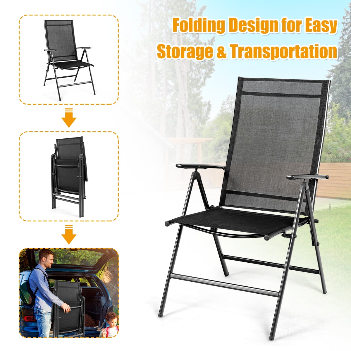 Costway 4PCS Patio Folding Dining Chair Recliner Adjustable Black