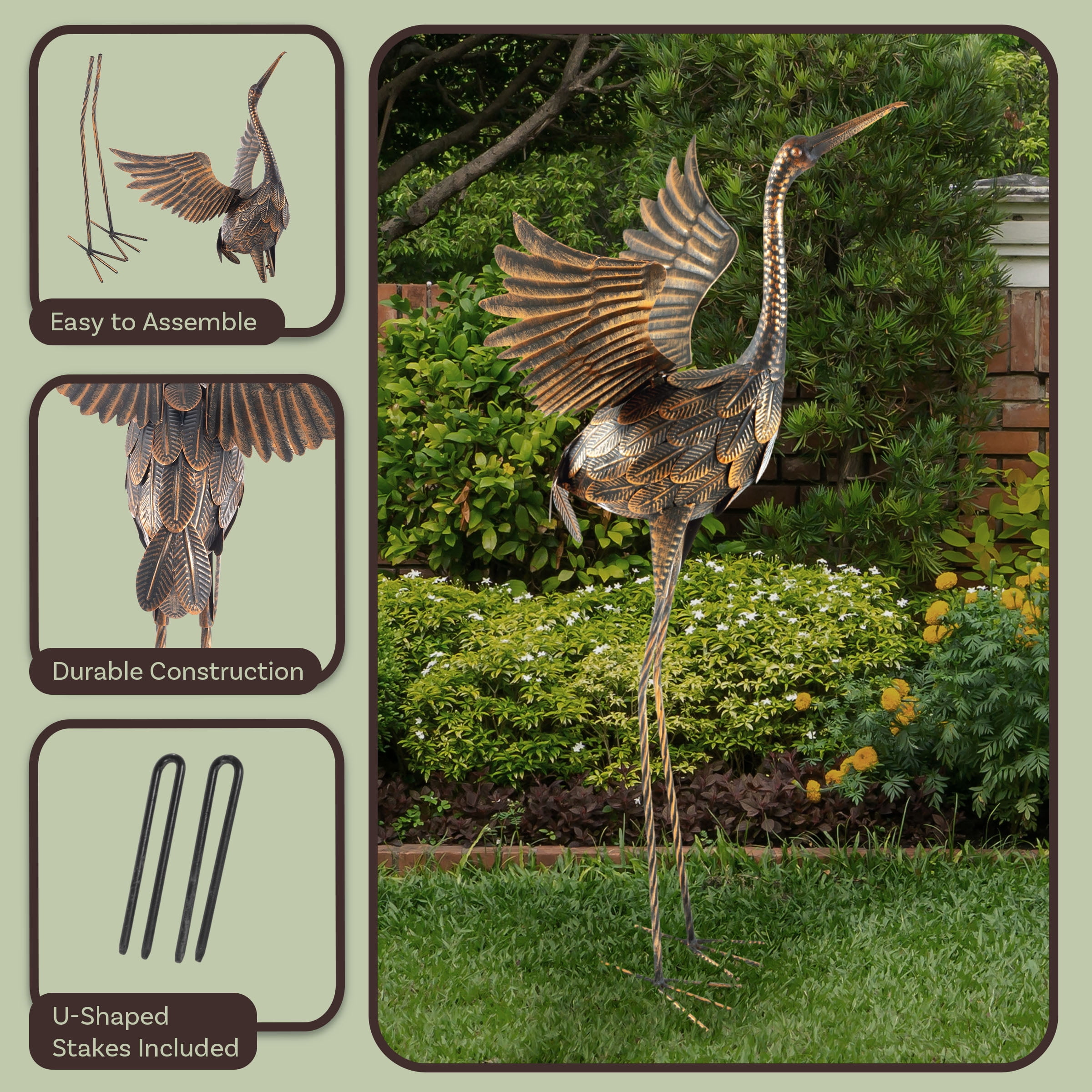 Pure Garden 35-Inch Metal Yard Art Flying Crane Garden Statue Outdoor Décor