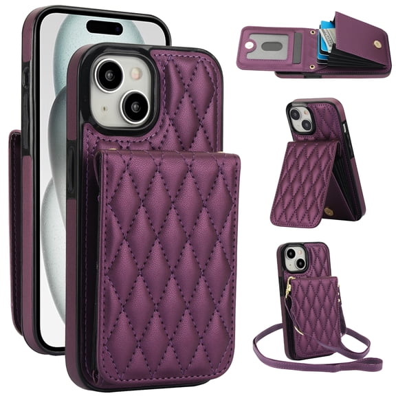 Wallet Case Compatible for iPhone 15 Plus, Women PU Leather Detachable Crossbody Phone Case with RFID Blocking Card Holder Adjustable Shoulder Strap Shockproof Kickstand Phone Wallet, Darkpurple