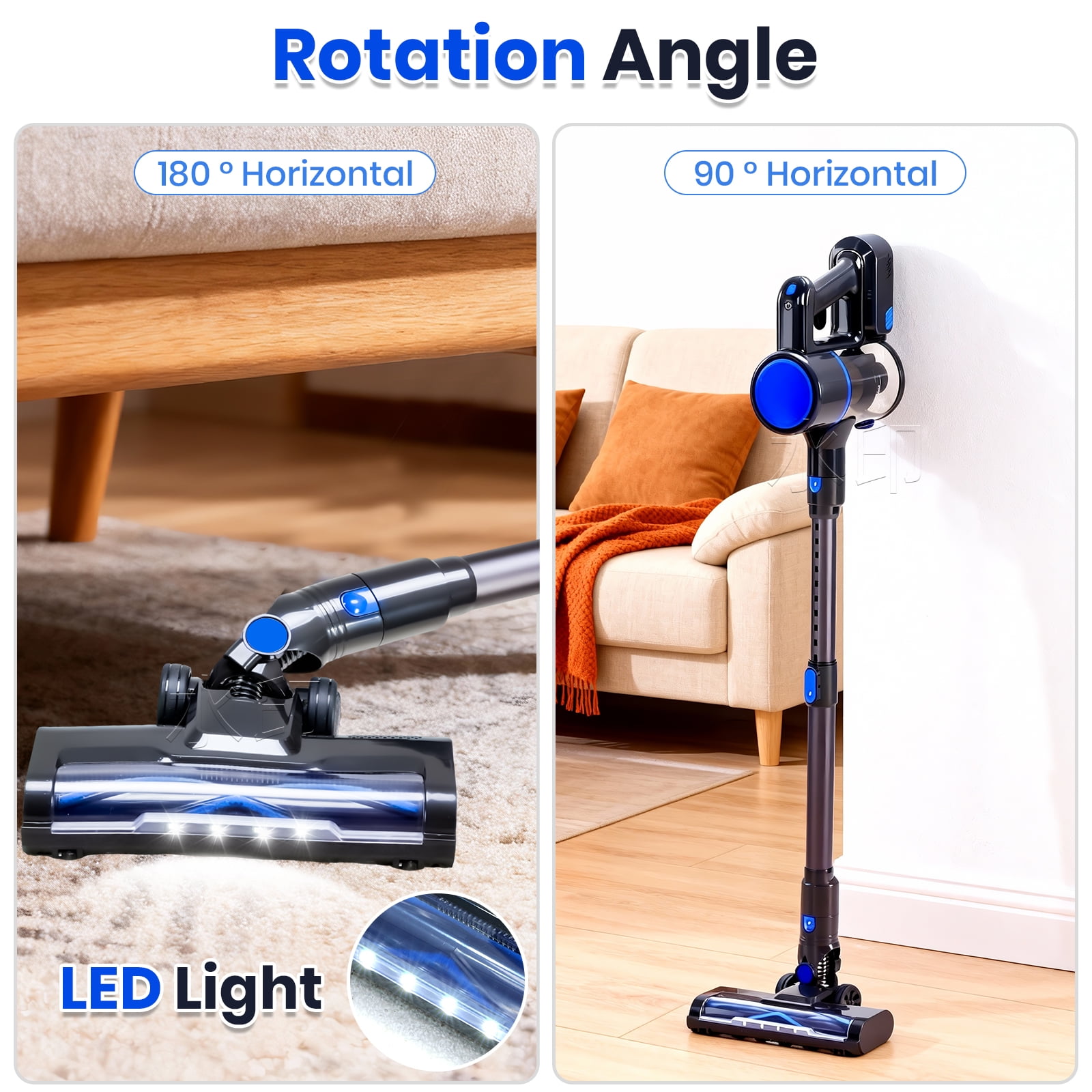 LIFERECORD Cordless Vacuum Cleaner, 180°Flexible Stick Vacuum for Pet Hair with Anti-Tangle Brush, 3 Suction Modes, LED Light for Hardwood Floors, Carpet, Furniture