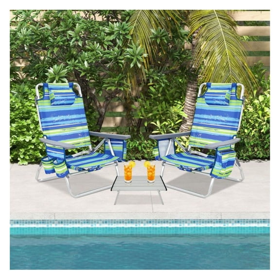Folding Beach Chairs Set of 2 with Table, 5-Position Reclining Camping Chair, Backpack Chair with Cup Holder & Pillow