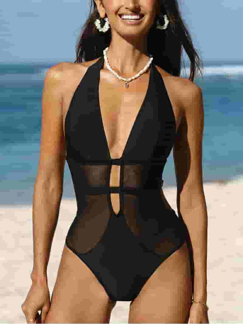 *CUPCHE* Mesh Plunging ホルターワンピース水着 Cupshe Women's One Piece Swimsuit, Mesh Plunging Halter
