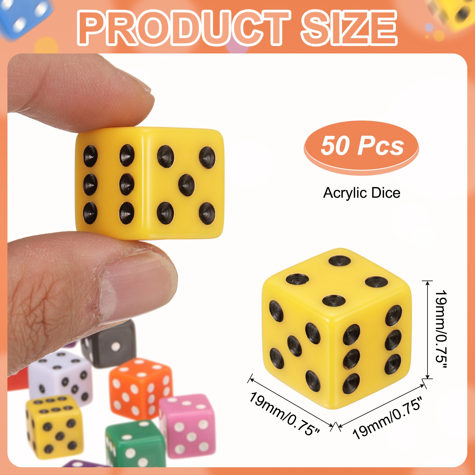 50Pack 6 Sided Acrylic Dice, 19mm/0.75" Large D6 Opaque Game Dice Bulk for Table Board Games Birthday Theme Party Fun Supply, Yellow
