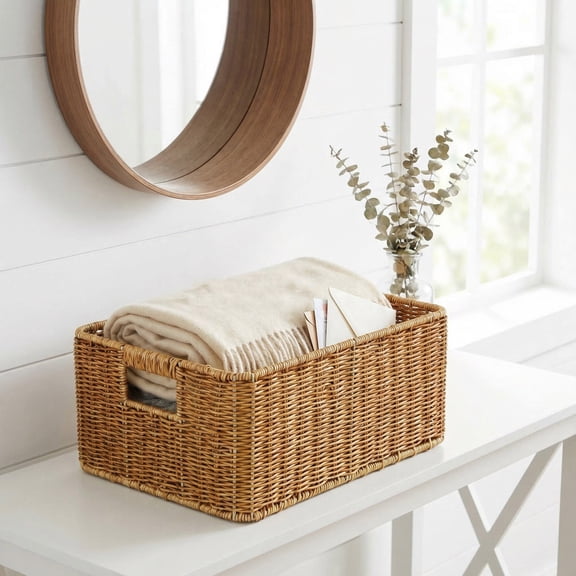 UPOUART Khaki Simulation Rattan Storage Basket Large Capacity Woven Desktop Organizer