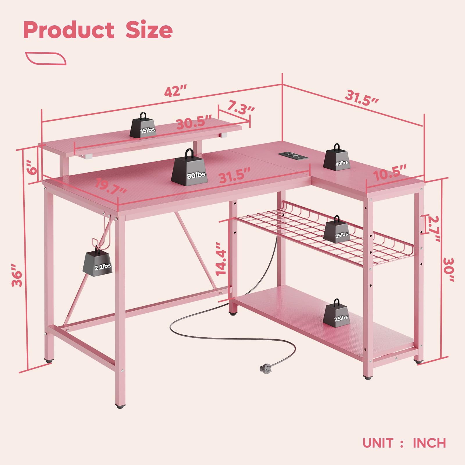 RSPGAME 42" L Shaped Computer Desk with Power Outlets, Corner Office Desk with LED Lights & Monitor Stand, Reversible Shelves, Corner Desk for Small Spaces ,Bedrooms & Home, Carbon Fiber Pink