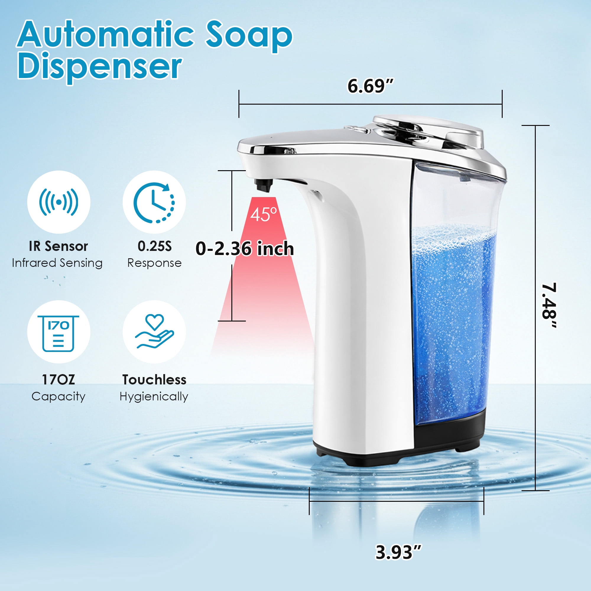 WANALIT Automatic Soap Dispenser Touchless, 17oz/500ml Dish Soap Dispenser with Infrared Sensor, 5 Adjustable Foam Levels, for Kitchen Bathroom Sink Countertop, Silver-White