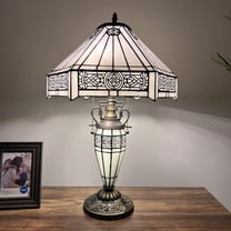 Tiffany Table Lamp White Stained Glass Shade And Base Hexagon LED Bulbs Included for Living Room Bedroom Bedside 16"W*16"D*24"H