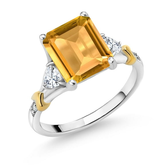 Gem Stone King 925 Silver and 10K Yellow Gold Yellow Citrine and White Moissanite and Diamond Engagement Ring for Women (3.24 Cttw, Emerald Cut 10X8MM, Trillion 3.5MM, Size 6)
