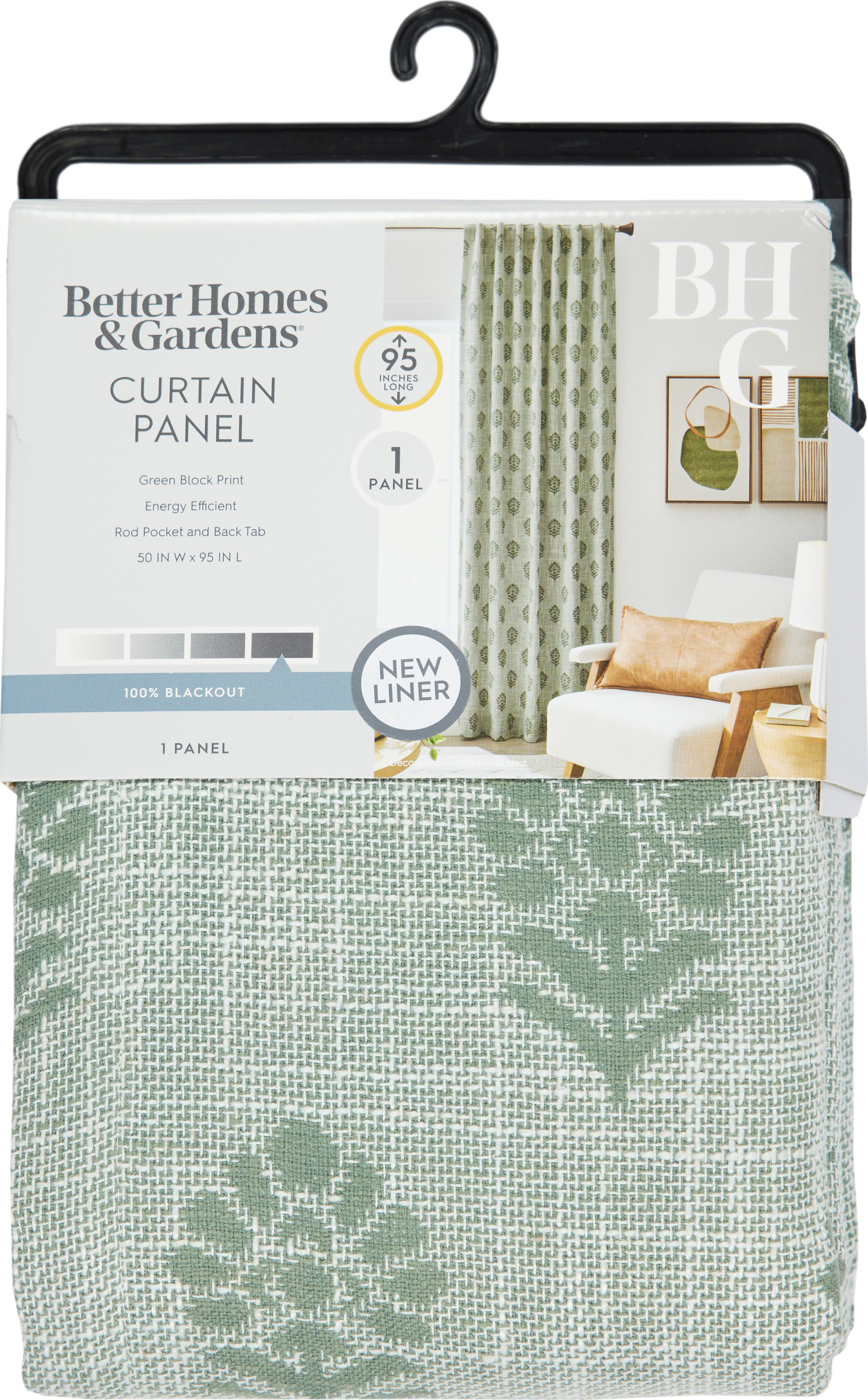 Better Homes & Gardens Floral Block Print Blackout Single Curtain Panel, Green, 50"W x 95"L