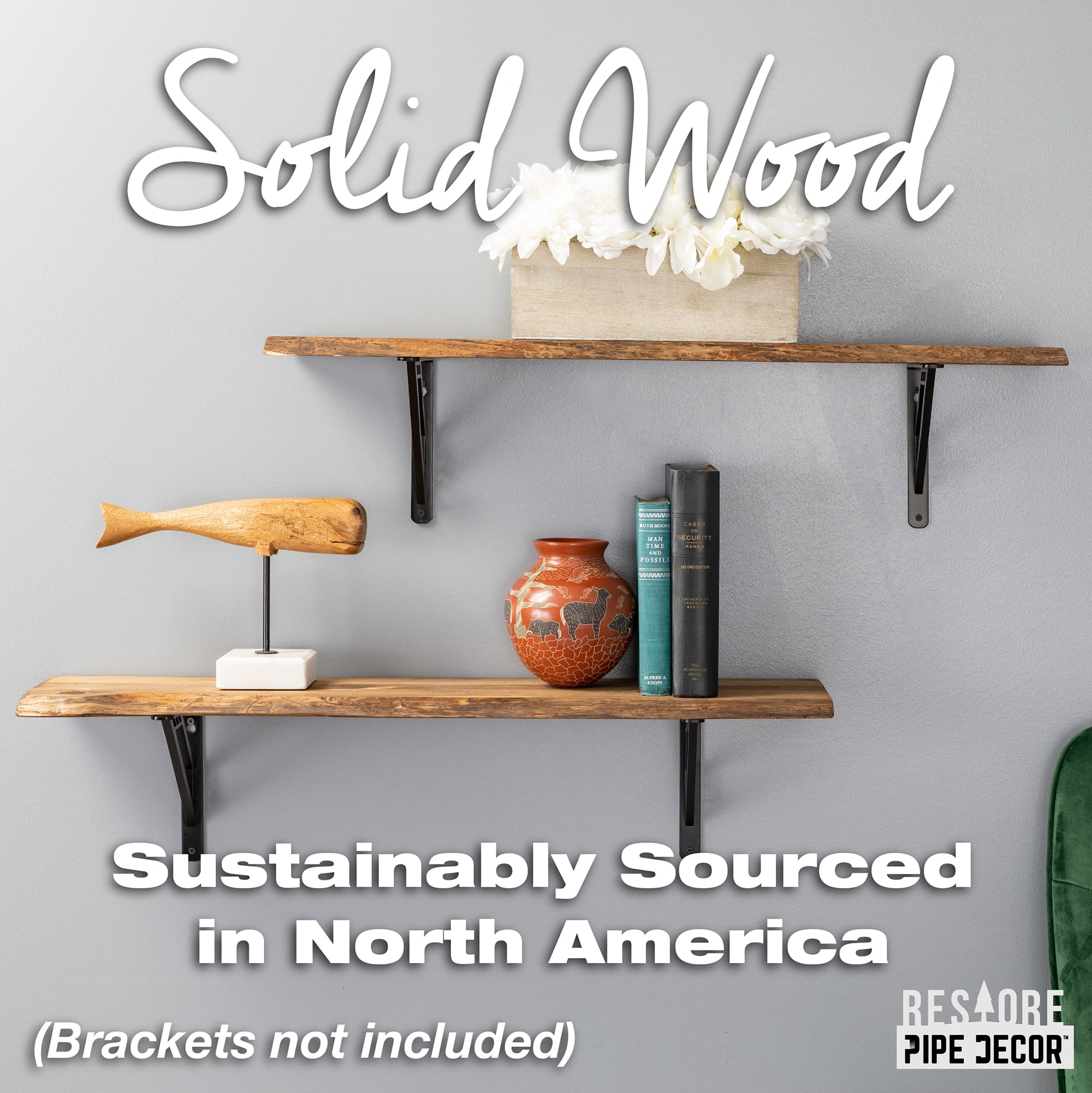 PIPE DECOR 8'' x 36'' Live Edge Wood Hand Stained Floating Shelf (2 Count)