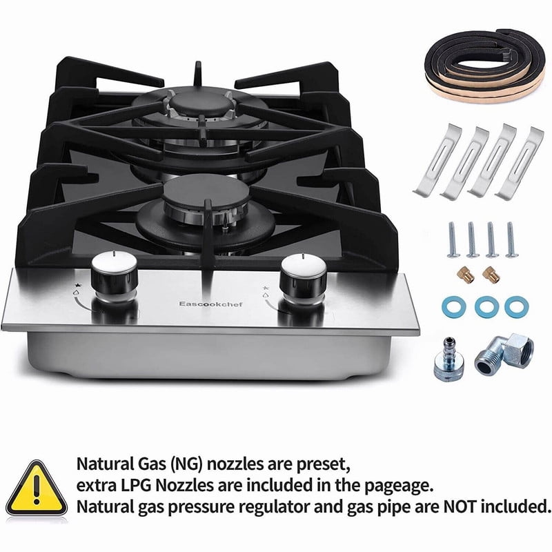 GD 12 in. 2 Burners Recessed Gas Cooktop with Tempered Glass Top, for Dual Fuel LPG/NG, Stainless Steel