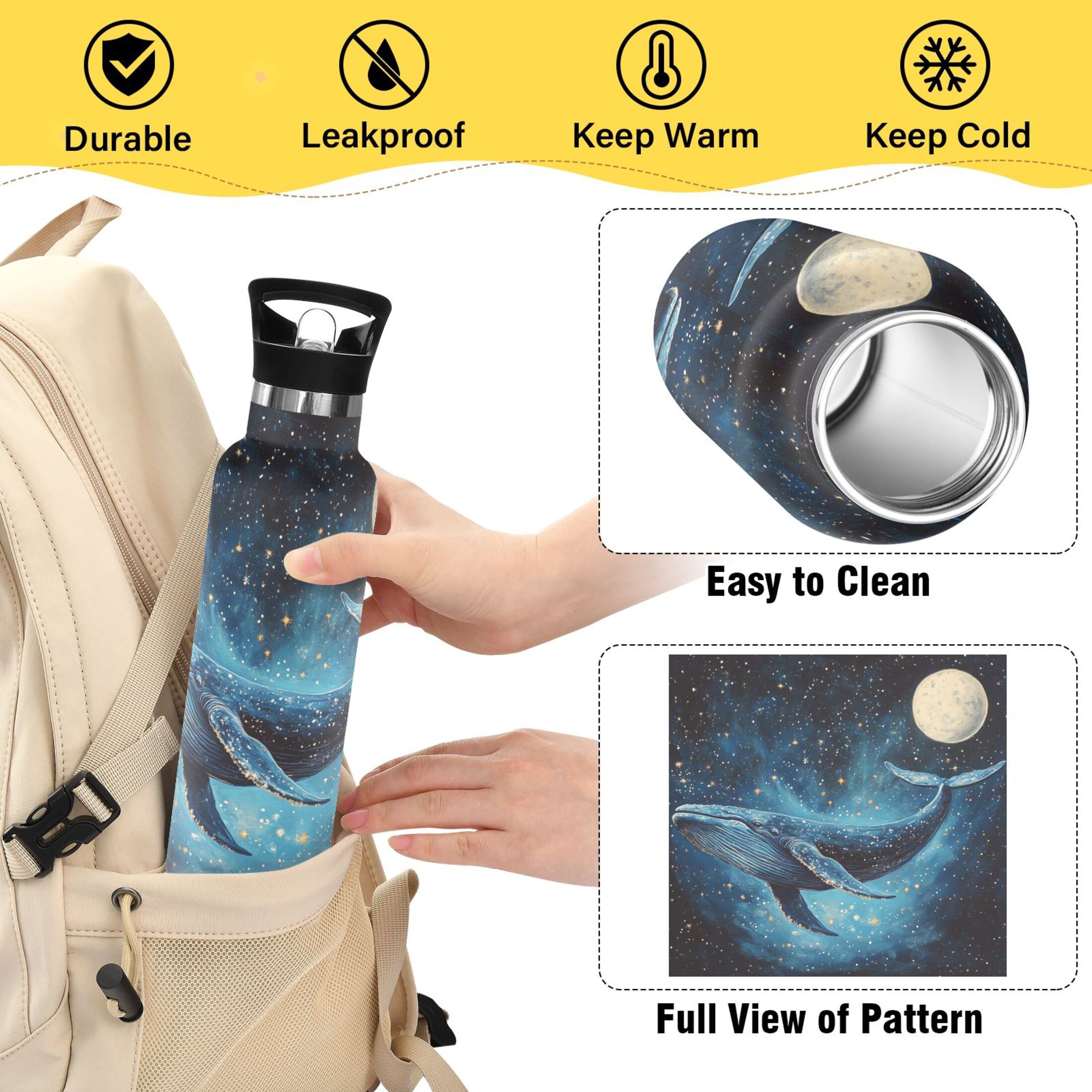600ML Stainless Steel Insulated Cup Sports Water Bottle Portable Thermos Cup Water Glasses Insulated Tumblers Convenient and Durable Starry Whale