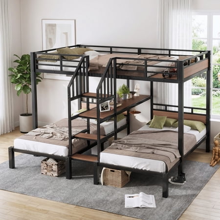 Aukfa Triple Bunk Bed with Storage Shelves & Stairs, Full XL over Twin over Twin Metal Bunk Bed for 3, Space-Saving Heavy Duty Bed Frame, Black