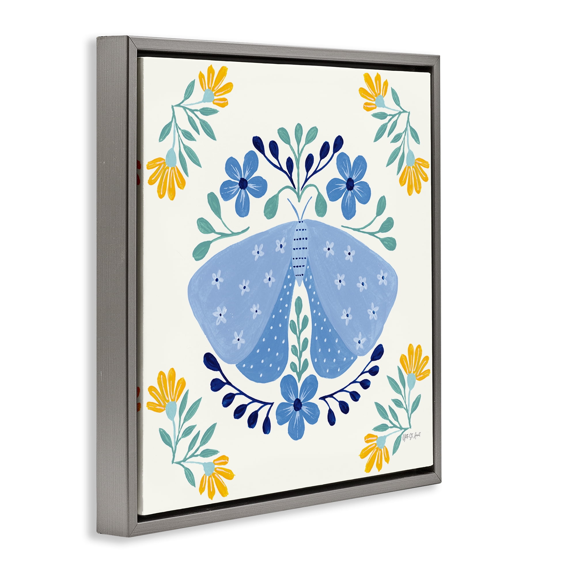 Stupell Industries Blue Folk Butterfly Insects Painting Gray Floater Framed Canvas Art Print Wall Art, 25 x 25
