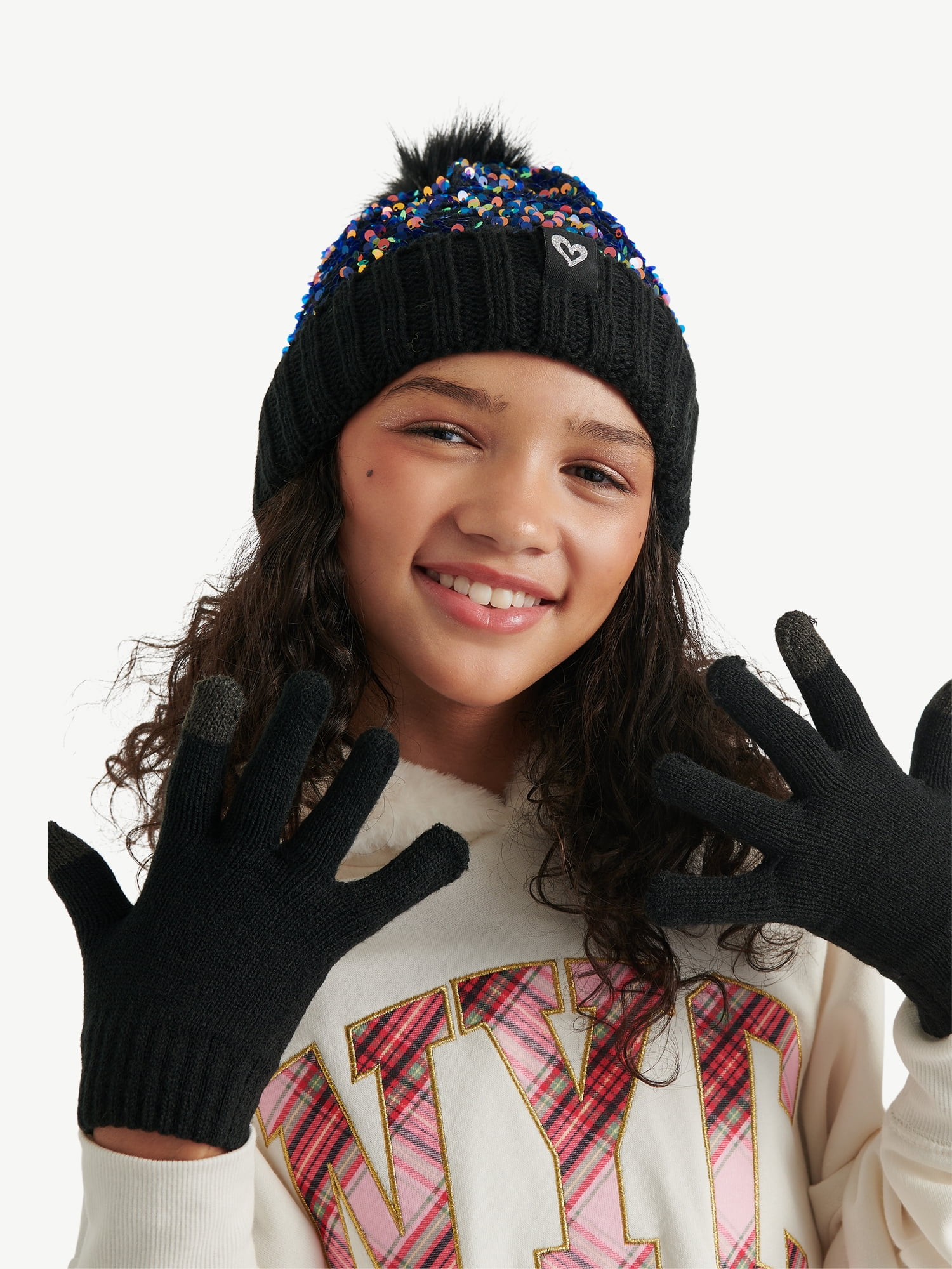 Justice Girls Velvet Sequin Hat and Glove Set, Black