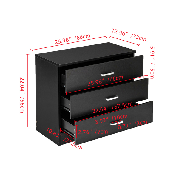 Alvantor Modern Black 3-Drawer Storage Chest, P2 Particle Board, Compact Design, 25.98 x 13 x 22.05 inches