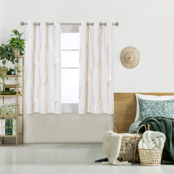 Deconovo Blackout Curtains, Wave Striped Golden Foil Print Light Silver Grey Curtains, Room Darkening Curtains for Bedroom, 42x45 Inch, 2 Panels