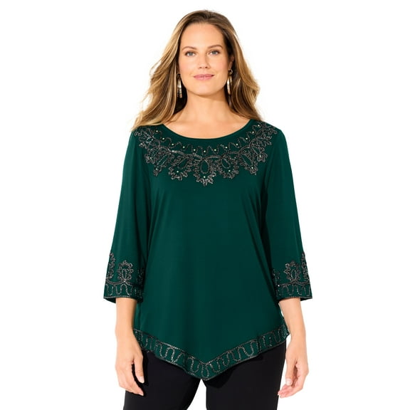 Catherines Women's Plus Size Pointed Hem Embroidered Top