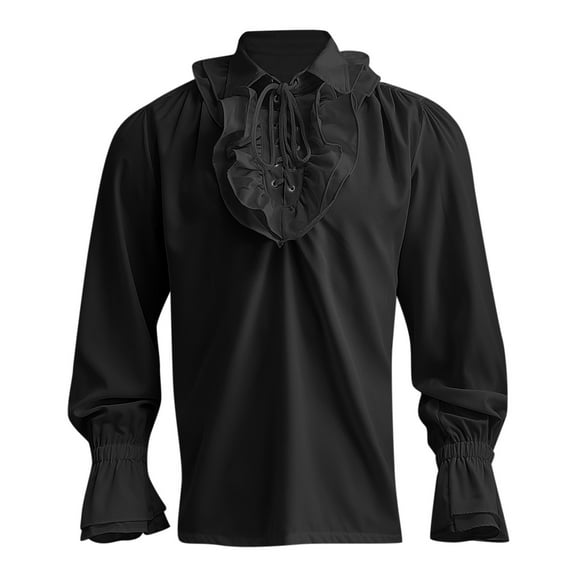 Caqnni Turn Button Male Vintage Court Shirt Stand Collar Hem Long Sleeve Puff Sleeve Shirt Blouse Open Slipper Prince's Shirt Role-Playing (Black,M)