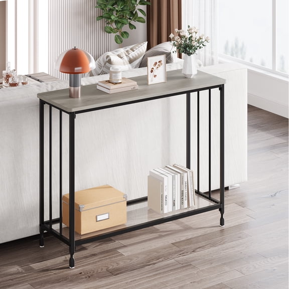 Slim Glass Console Table for Living Room – 2-Tier Narrow Entryway Sofa Table, Sturdy Metal Frame, Modern Space-Saving Accent Furniture –Gray