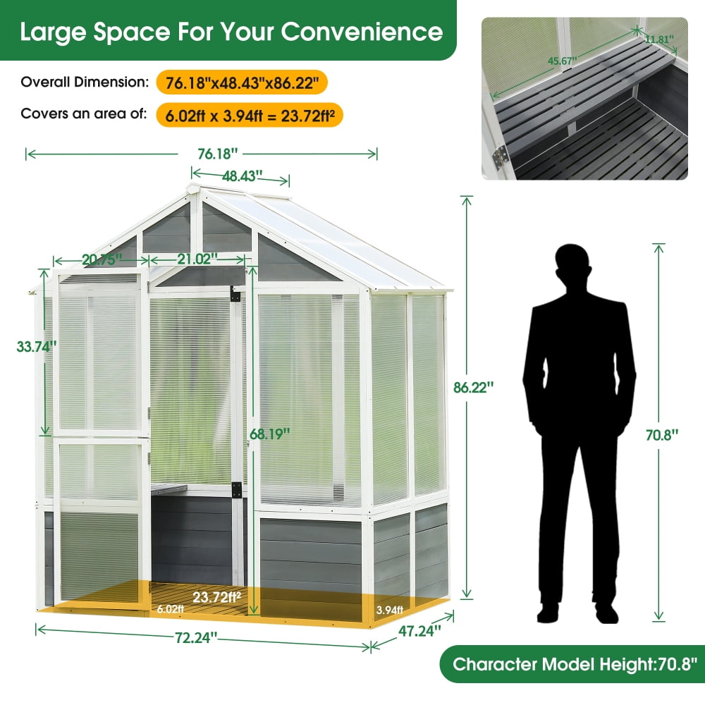 6×4FT Walk-In Wooden Greenhouse with Polycarbonate Panels & Front Door, Outdoor Plant House for Patio & Backyard