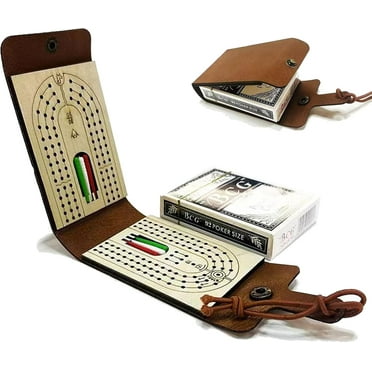Travel Cribbage Board, Foldable Cribbage Board Travel Game Set Includes Portable Faux Leather Case Playing Cards and Pegs for Cribbage Lovers (1 Pack)