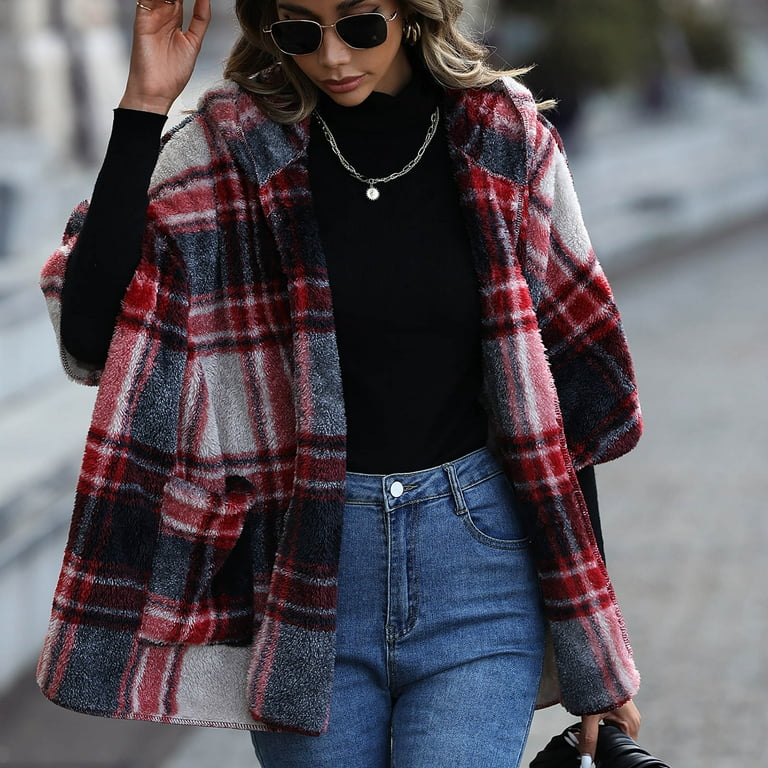 IROINNID Women's Shacket Jacket Long Sleeve Plaid Hoodie Outwear