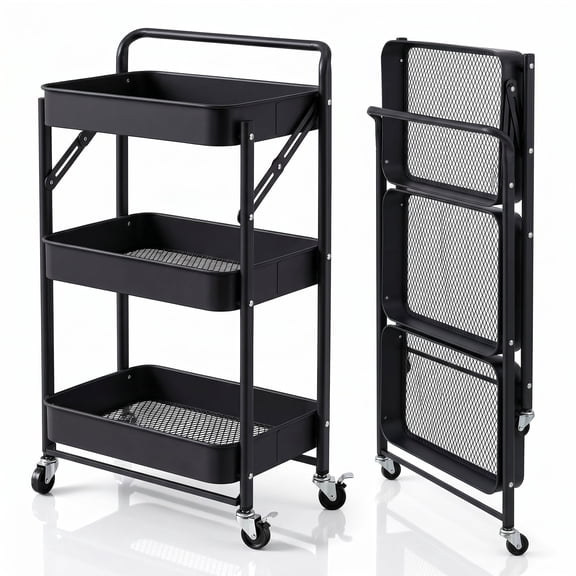 3 Tier Foldable Rolling Cart with Handle & Wheels, Portable Metal No Assembly Organizer, Collapsible Standing Utility Storage Rack for Kitchen Pantry Office, Black