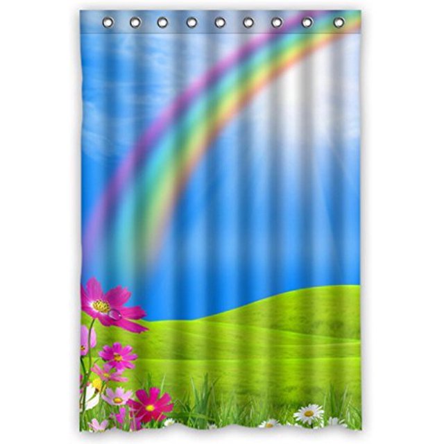 Cortina de Ducha ABPHQTO Hermoso Puente Arco Iris Entre el Cielo Azul y La Hierba Verde Impermeable 150x180 cm