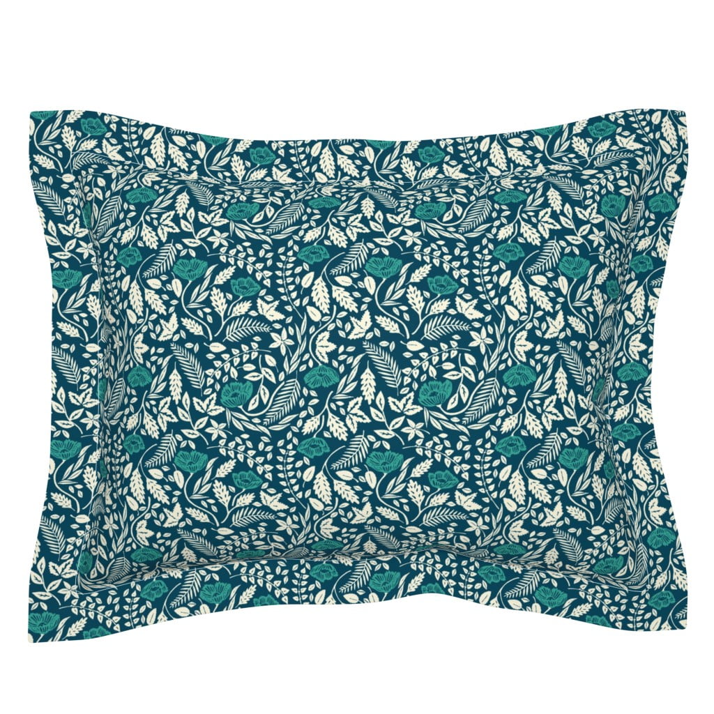 Teal White And Blue Flowers Floral Modern Navy Pillow Sham by Roostery