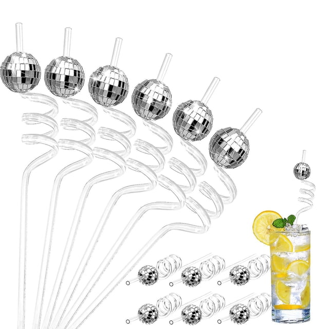 Disco Plata Paja Disco Fiesta Decoraciones 70s Disco Paja Decoración Espejo Disco Bola Pajitas Plata Disco Bola Agitadores Cóctel Plástico Stir Sticks Mini