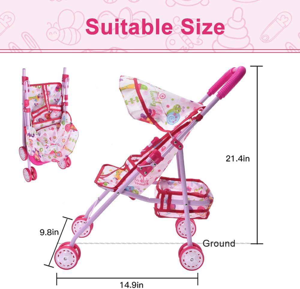 WonderPlay Baby Doll Stroller with Swivel Wheels Foldable for Toddlers and Girls Pink 