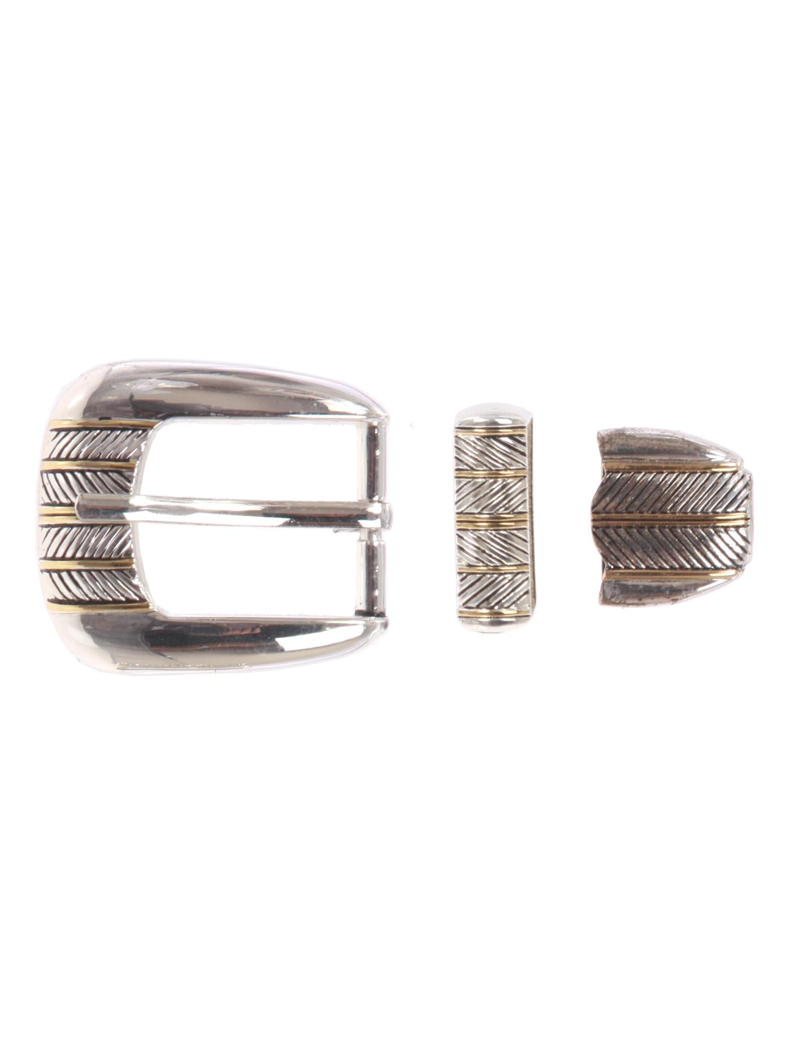 Western 3-Piece Belt Buckle Set Floral Engraved Silver Metal