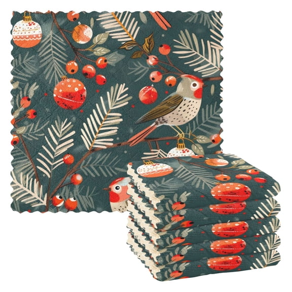6 Pieces of Kitchen Towels 11x11Inch Kitchen Dish Cloths Kitchen Dish Towels Reuseable Cleaning Cloths Christmas Bird