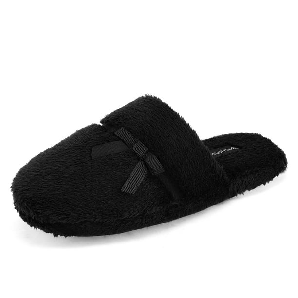 womens black faux fur slippers