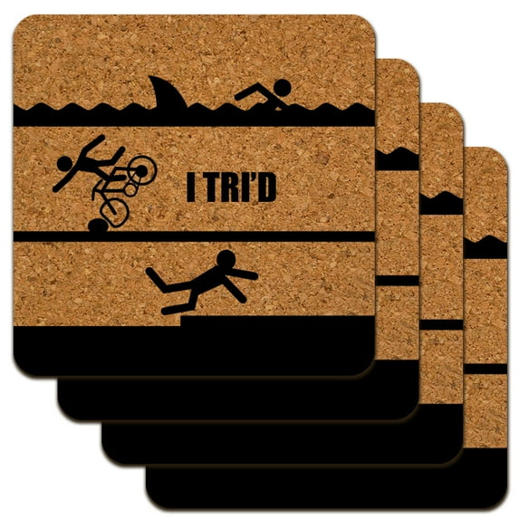 I Tri'd Triathlon Triathlete Swim Bike Run Tried Funny Low Profile Novelty Cork Coaster Set