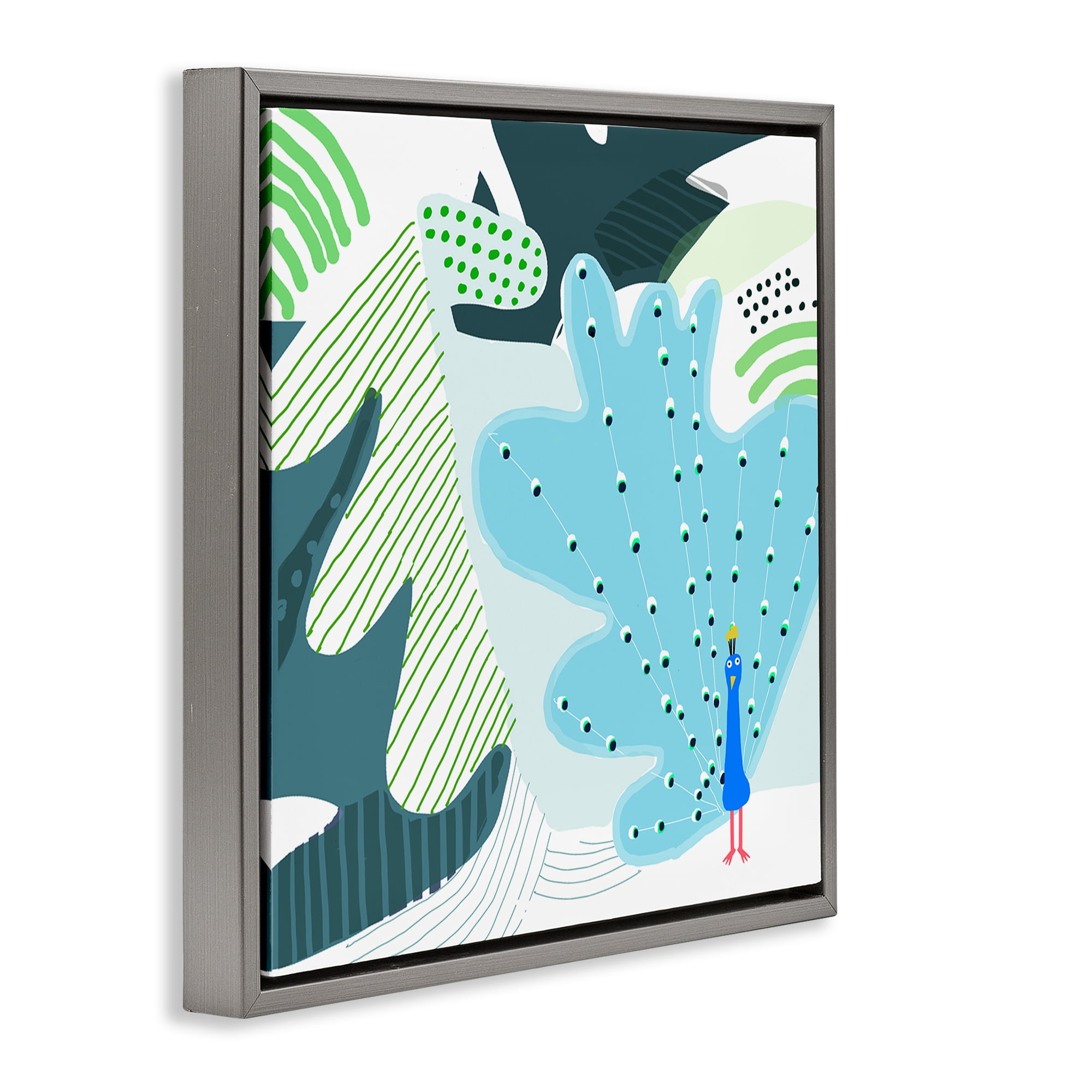 Stupell Industries Whimsical Patterned Peacock Animals Painting Gray Floater Framed Canvas Art Print Wall Art, 18 x 18