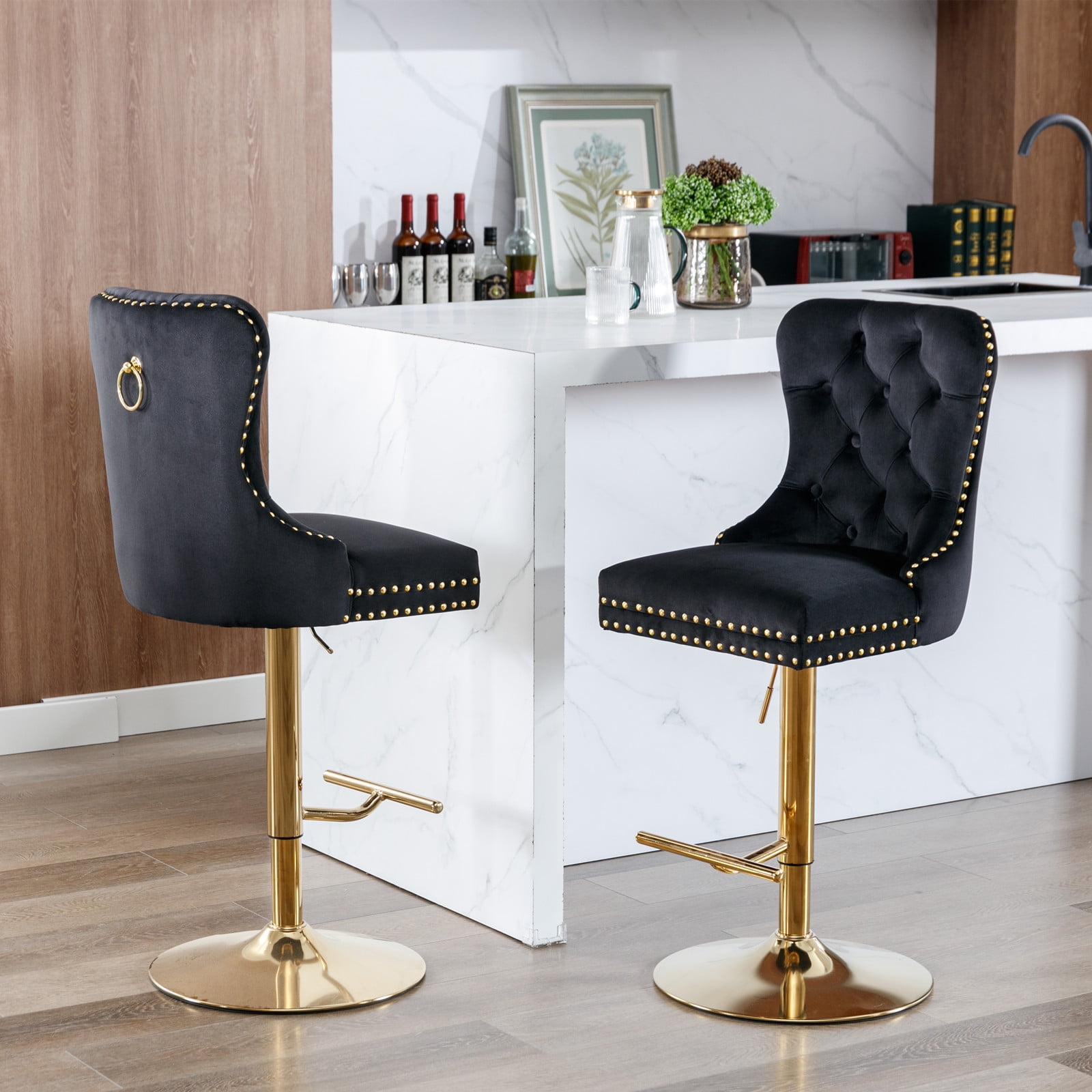 4-Piece Velvet Swivel Bar Stools, Adjustable Counter Height Dining Bar Chairs with Tufted Backrest and Nailhead Trim for Kitchen Island （Black with Gold Leg）