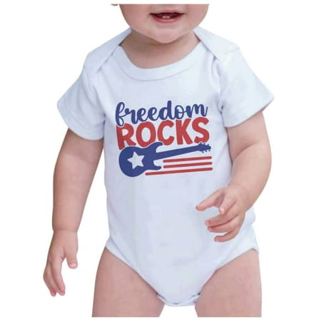

7 ate 9 Apparel Kids Patriotic 4th of July Outfit - Freedom Rocks Music White Onepiece 0-3 Months