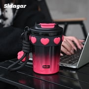 Sidagar 12 oz Cute Insulated Coffee Mug with Leak-Resistant Lid, Stainless Steel Coffee Cup, Dark Pink Heart Pattern