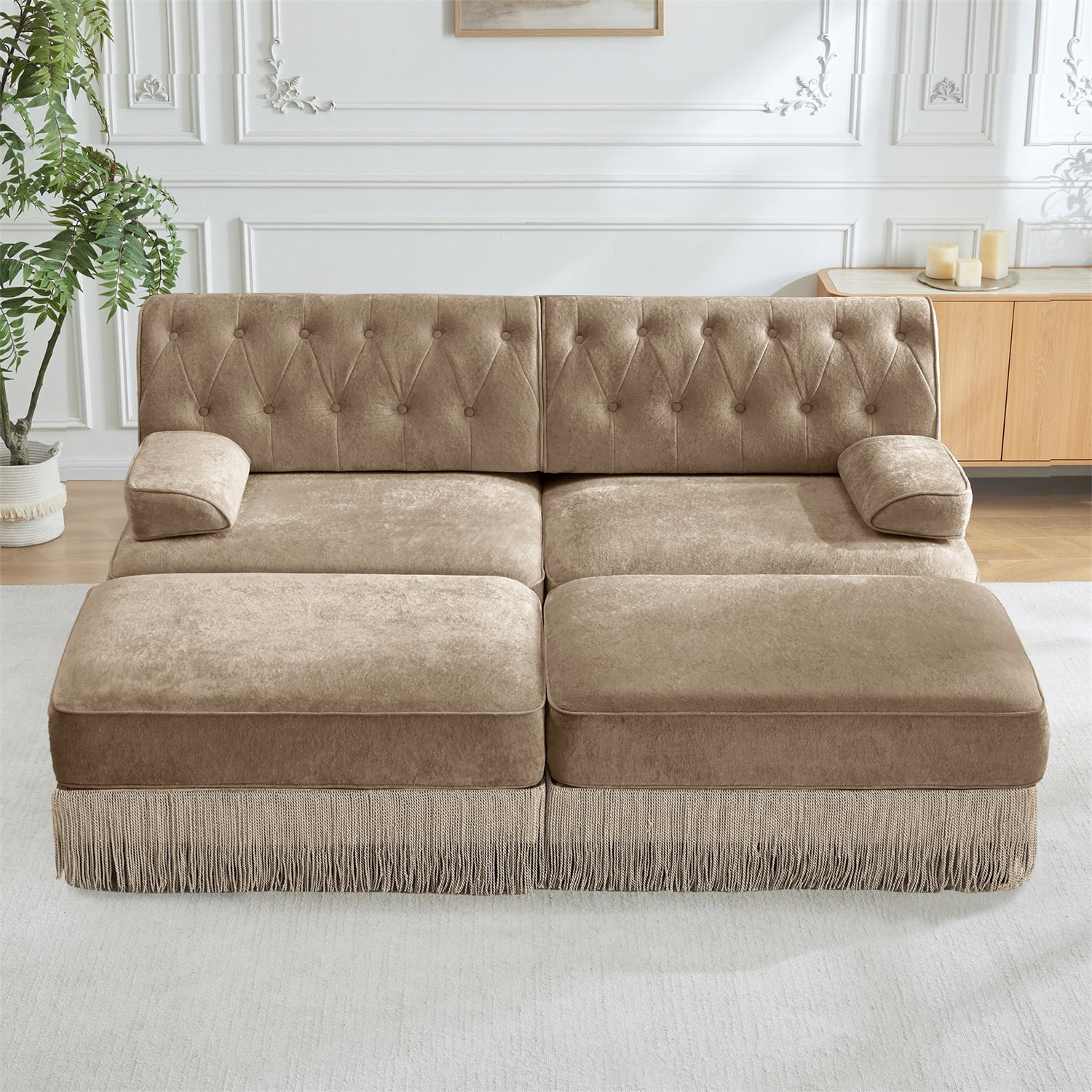 Hommoo 2-Seater Chesterfield Style Velvet Fabric Sofa Couch set with 2 Ottomans, Tufted Button Upholstered Design and Floor-grazing Tassel, Free Combination Sectional Sofa, for Home, Camel