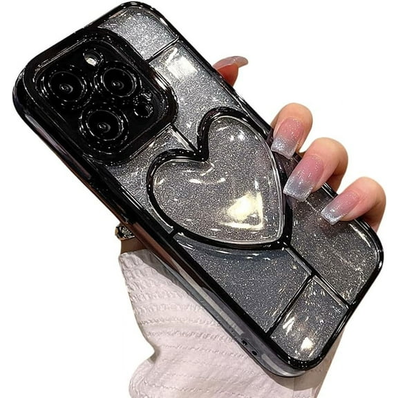 Compatible with iPhone Case,Glitter Gradient Heart Electro Plated Bumper Camera Lens Protection Clear Soft Shockproof Cover Phone Case (Black,iPhone 14 Pro)