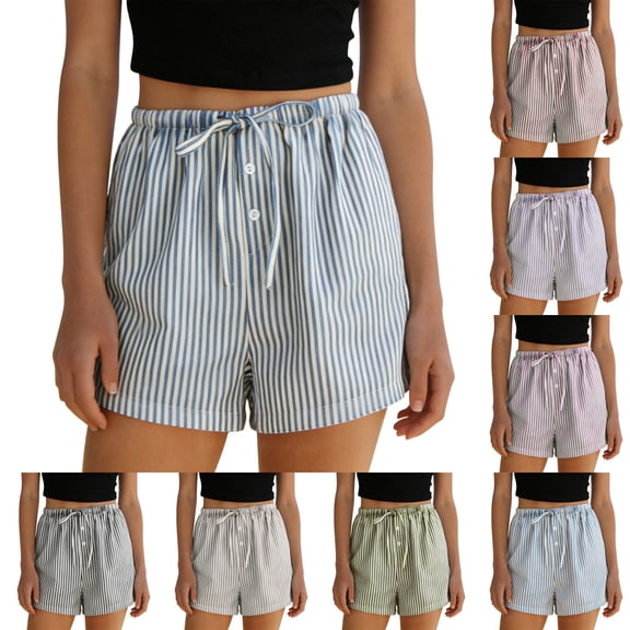 Aboser Summer Stripes Shorts for Women Trendy Beach Vacation Shorts Drawstring Elastic Waist Shorts Loose Casual Lounge Shorts with Pockets