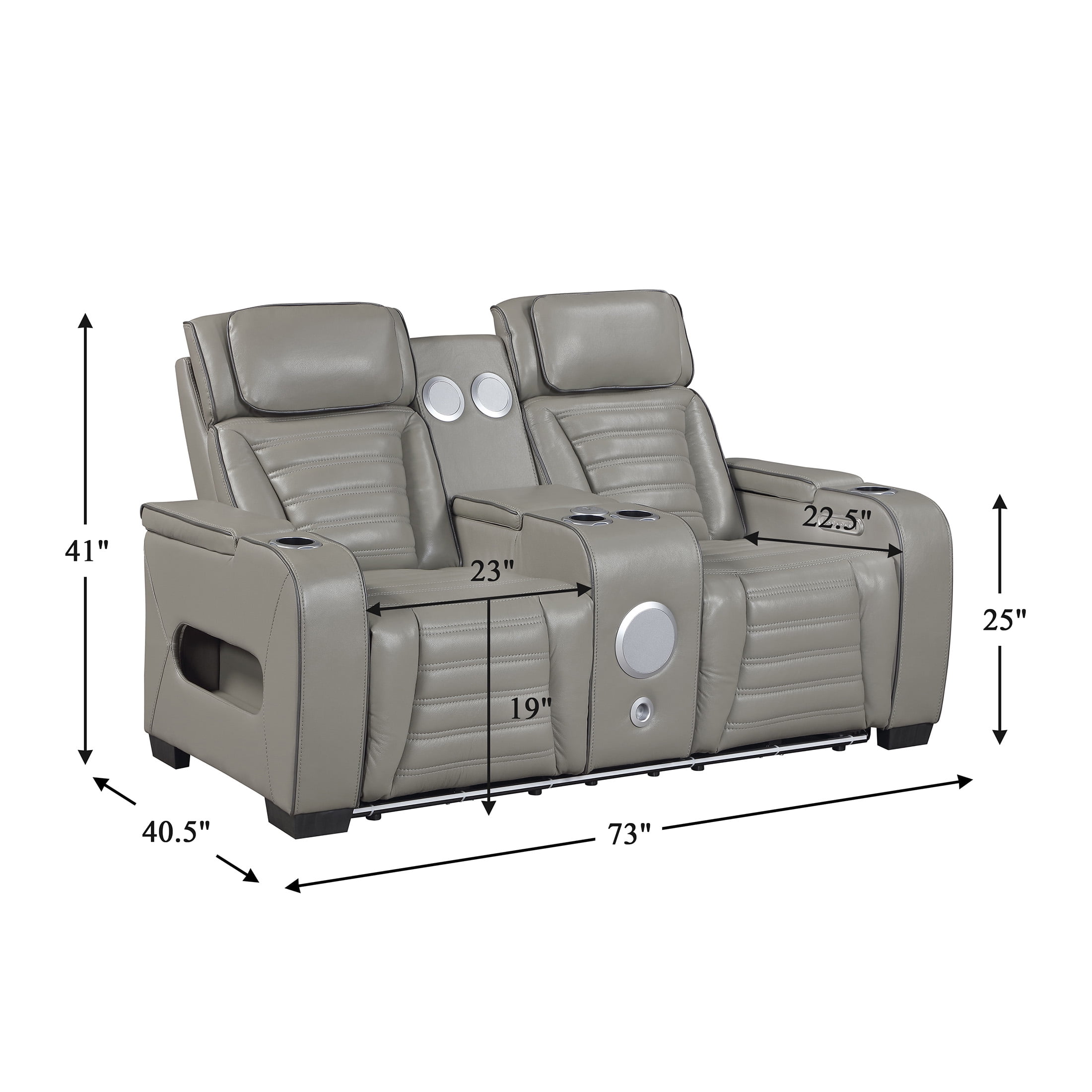 OakvillePark Elantra Leather Match Power Double Reclining Love Seat with Center Console/Power Headrests/Storage Arms/Cup Holders/Wireless speakers/Air Massage/Heat/LED Lighting/Charging Ports, Gray