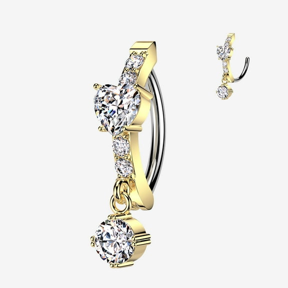 BM25 Golden Brilliant Heart Sparkle Dangle Curved Bar Belly Clicker-Clear Gem