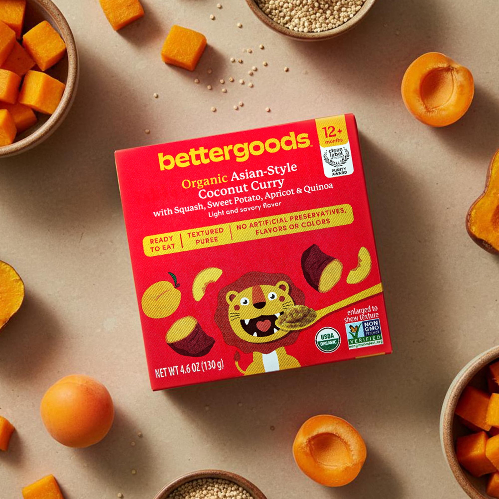 (6 pack) bettergoods Organic Stage 4 Baby Food Asian-Style Coconut Curry with Squash, Sweet Potato, Apricot, and Quinoa, 4.6 oz Tub