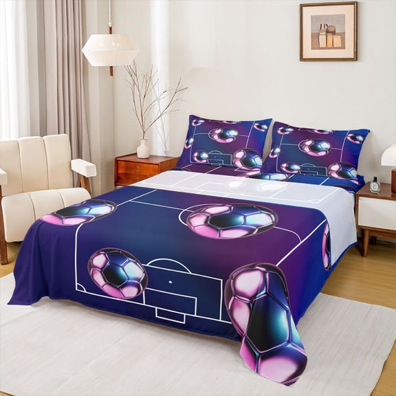 Homewish Futuristic Football Child Twin Sheet Sets, Modern Ball Sports Twin Fitted Sheet, Stripes Lines Flat Sheet, Breathable Home Decor, 3pcs