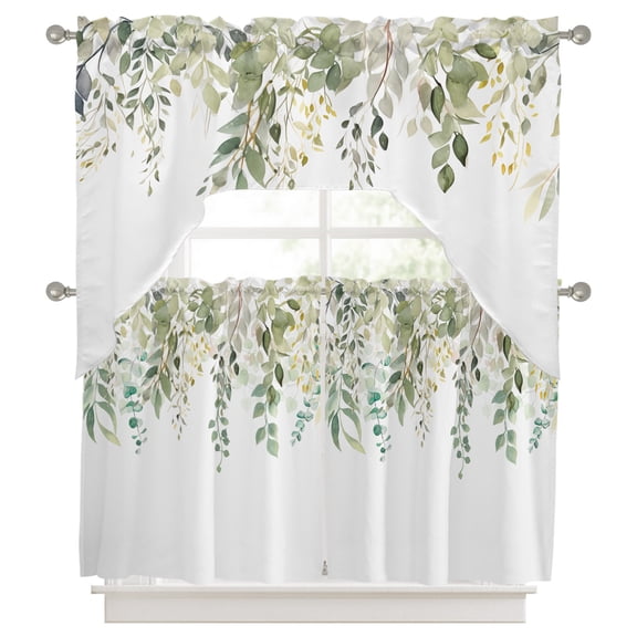 Curtains Swag and Tiers Curtains Set, Spring Botanical Valances with Kitchen Tier Curtain 36 Inches Long, Teal Eucalyptus Leaves Watercolor Swag Light Filtering Curtains for Sink/Laundry Room
