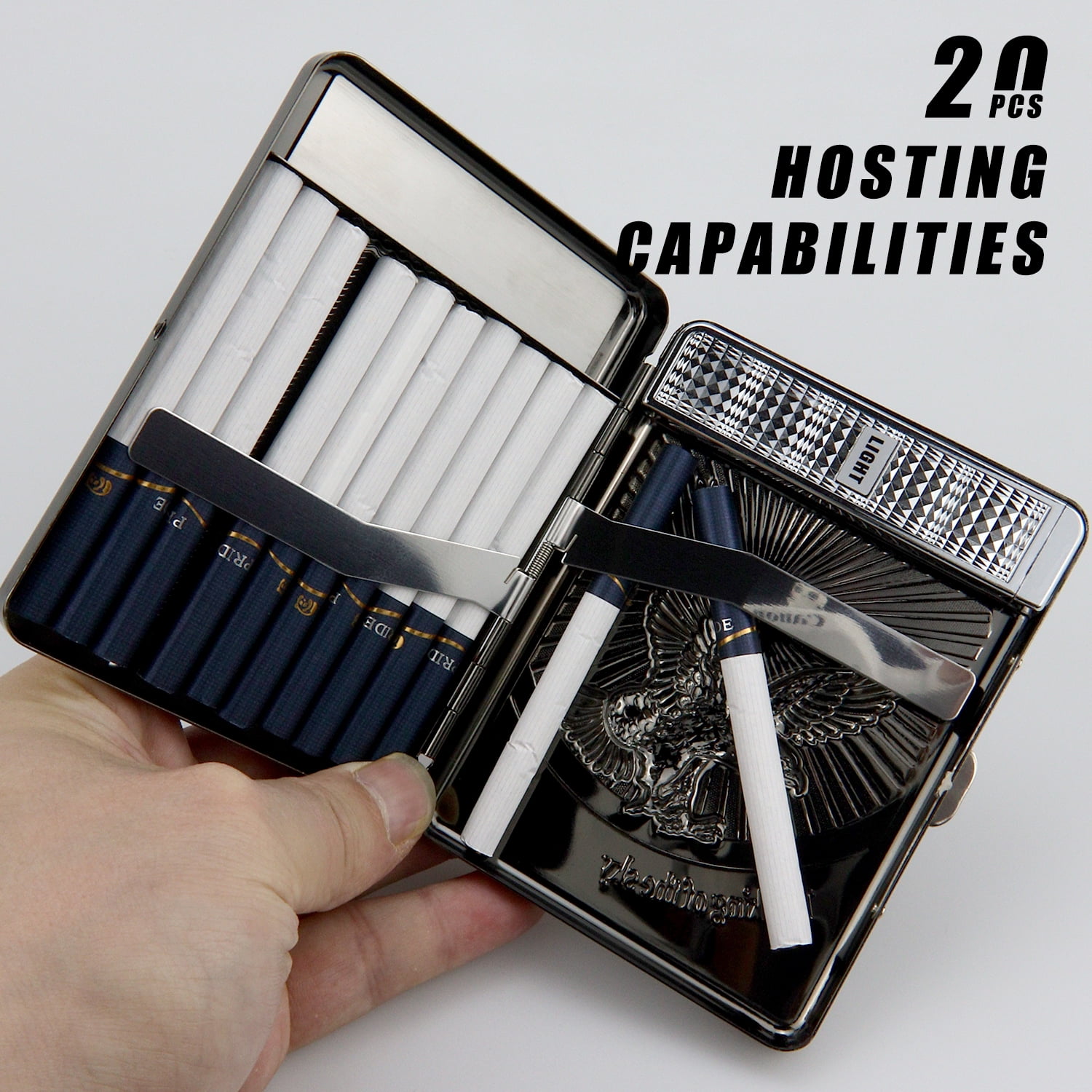 20 PCS Set Metal Cigarette Case Holder Arc Lighter with 3D Eagle Design Rechargeable Electric Arc Lighter Case Windproof Flameless USB Cigarette Case Lighter (Black)