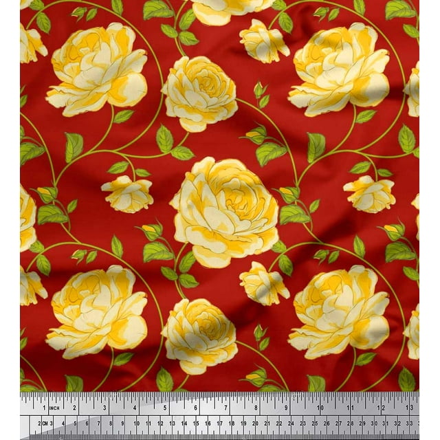 Soimoi Tissu de Canard de Coton Feuilles & Rose Imprimé Floral 1 Yard 56 Inch Wide